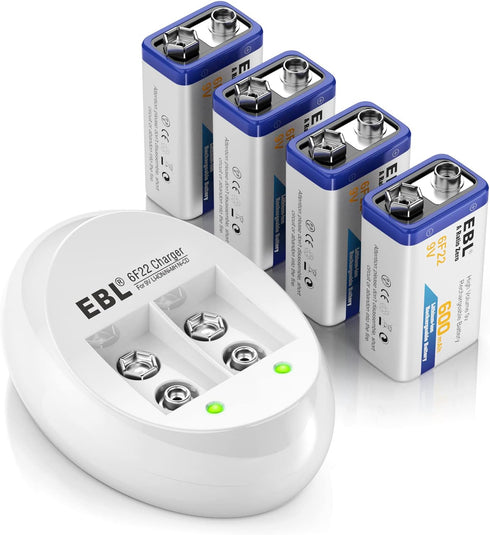EBL 4-Pack 9V Batteries Li-ion 9 Volt Rechargeable Batteries with 9V Battery Charger...