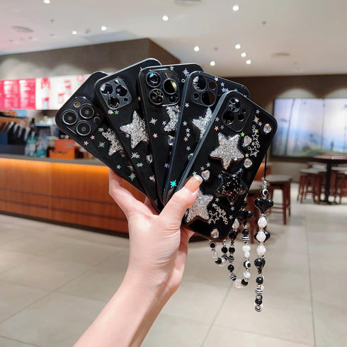 Compatible with iPhone 11 Case Cute 3D Bling Glitter White Black Stars with Pearl Bracelet Chain Design for Girls Women Kawaii Sparkle Protective ...