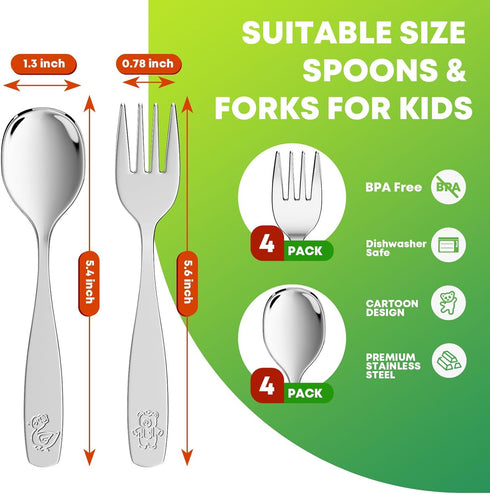 8 Pieces Toddler Utensils, Kids Stainless Steel Silverware Set - 4pcs Forks and 4pcs Spoon, Cute Children Flatware Sets with Mirror Polished, Self...