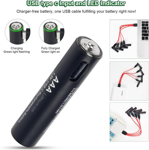 AAA USB c Rechargeable Batteries - Lithium Ion 1.5V 600mWh 1 H Fast Charge, 1200 Cycle with Type C Port Cable (4pcs)...