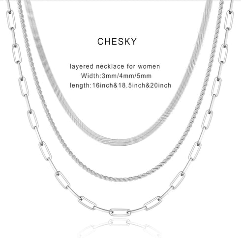 CHESKY Silver Necklace for Women,925 Sterling Silver Chain Necklace Layered Herringbone Rope Paperclip Chain Necklaces for Women Silver Jewelry fo...