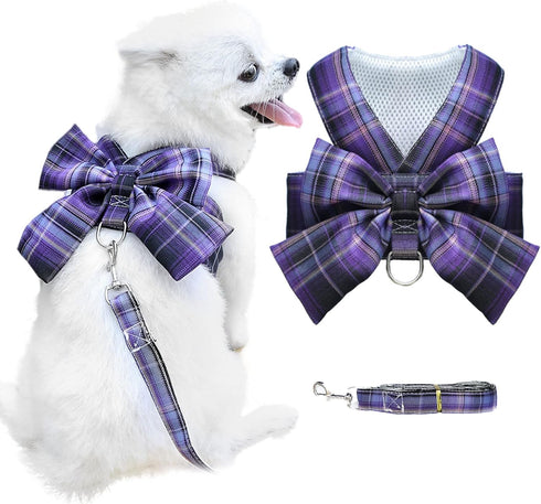 Dog Harness for Small Dogs with Bow Small Harness for Girl Dogs with D-Ring Soft Mesh Adjustable Harness Set Puppy Pet Harness and Leash...