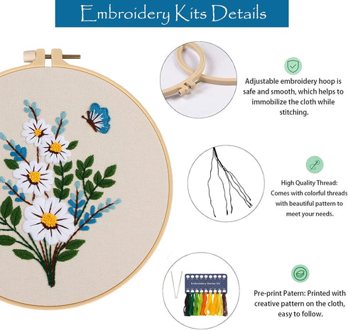 Embroidery Kit for Beginners,Cross Stitch Kits for Adults DIY Craft 3pcs Embroidery Pattern Needlework Fabric Embroidery Thread and Needles 1pcs E...