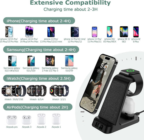 DDUAN Wireless Charging Station, 3 in 1 Fast Charger Stand, Wireless Charger for iPhone15/14/13/12/11/Pro/Max/X/XS/Max/XR/8 & Apple Watch 8/7/SE2/...