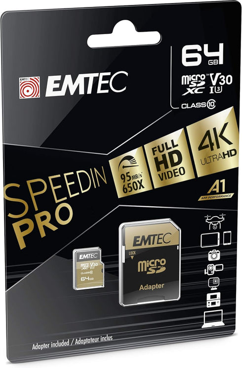Emtec SPEEDIN' PRO microSD Class 10 UHS-I U3 (64GB)...