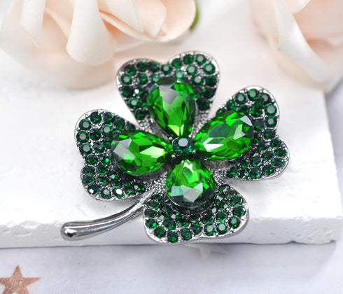 Gyn&Joy Gun Metal Tone Antique Inspired Emerald Green Crystal Rhinestones Four Leaf Clover Brooch Pin...