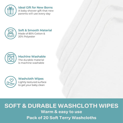 Spasilk Washcloth Wipes Set for Newborn Boys and Girls, Soft Terry Washcloth Set, Pack of 20, White...