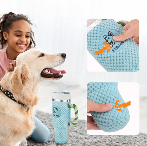 FIRJOY Funny Tumbler Plush Dog Toy - Cute Stanley-Shaped Cup Squeaky Dog Toy for All Dog Breeds and Sizes (Pool)...