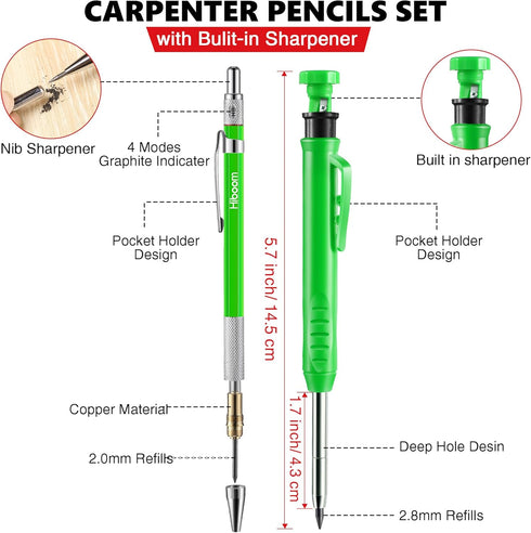 Hiboom 7 Pcs Carpenter Mechanical Pencil 2-in-1 Set with 54 Pcs Solid Refills Carbide Scriber and Deep Hole Marker Woodworking Construction Built ...