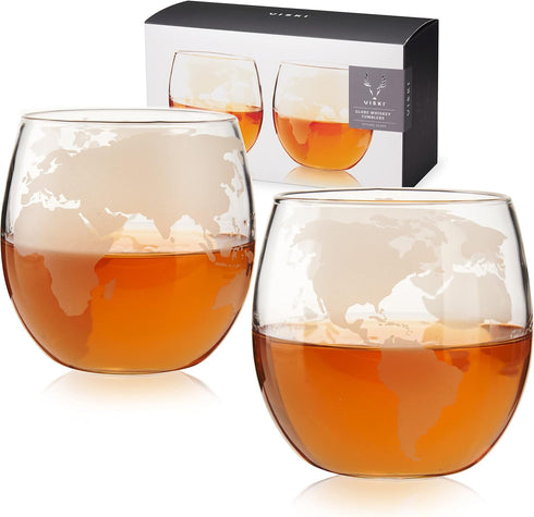 Viski Globe Glass Whiskey Tumblers, Etched Glass Whiskey Enthusiast Gift and Glassware Accessory, 10 oz, Set of 2...