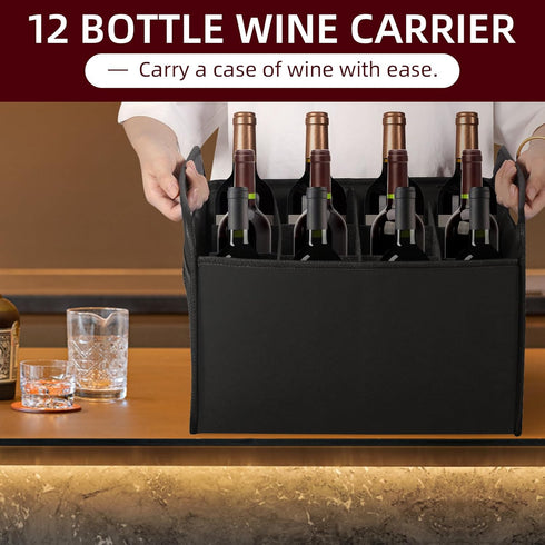 12 Bottle Wine Carrier, Collapsible Wine Bottle Storage Box Premium Felt Liquor Bottle Tote with Handles for Travel/Party/Picnic/Vacation, Black...