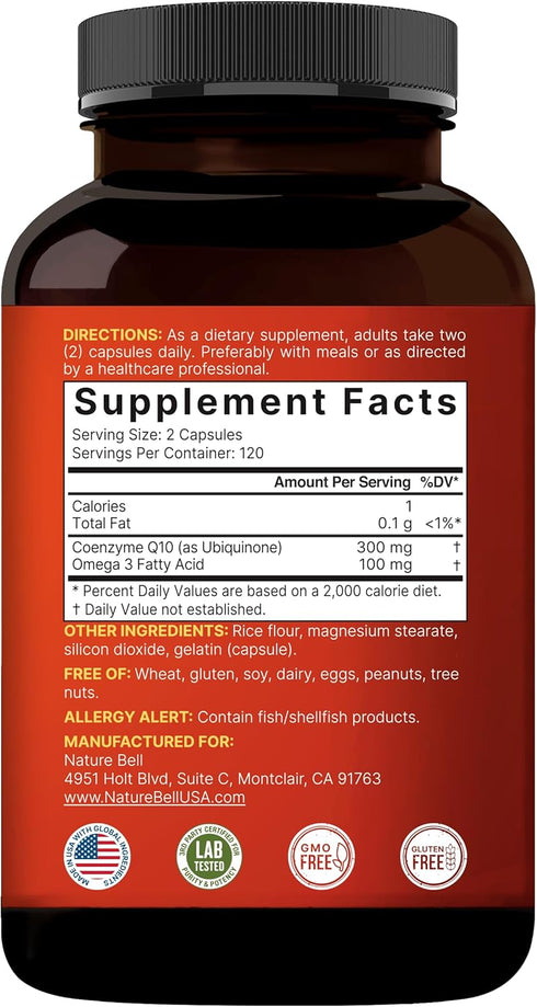 CoQ10 (Ubiquinone) 300mg with Omega 3 Fatty Acids, 240 Capsules | Stable High Absorption Form – Antioxidant Support for Heart & Energy Health – Ex...