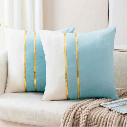 ZLINA Set of 2 Velvet Decorative Throw Pillow Covers Aqua Green White Patchwork with Gold Leather Pillow Covers 18 × 18 Inch Cushion Covers Decor ...