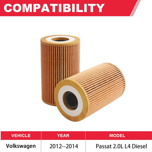 Oil Filter Compatible with 2012-2014 VW Passat 2.0L L4 Diesel TDi Engine Replaces# HU7008Z (2Pcs)...