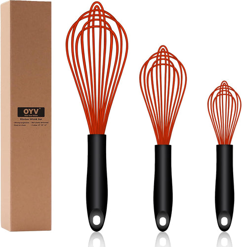 Dishwasher Safe Silicone Whisk, Sealed Waterproof Design Set of 3, Professional Kitchen Whisks for Cooking Non-Scratch, Silicone & Stainless Steel...