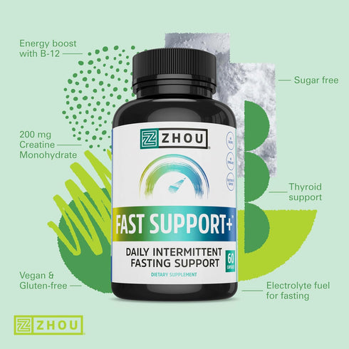 Zhou Fast Support+ Intermittent Fasting Support Supplement, Vitamin B12 for Energy, Electrolytes Magnesium, Chloride, Sodium, Potassium, Creatine ...