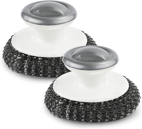2 Pcs Steel Wool Scrubber with Handle, Heavy Duty Hand Pot Scrub Brush Stainless Steel Scouring Pad Steel Cleaning Kit, Easy to Remove Stains Kitc...