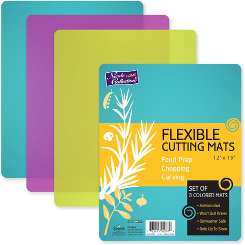 Nicole Home Collection Flexible Cutting Mats Set of 3 - BPA-Free Plastic Color-Coded Kitchen Chopping Boards, 12"x15", Durable Non-Slip Mats for M...