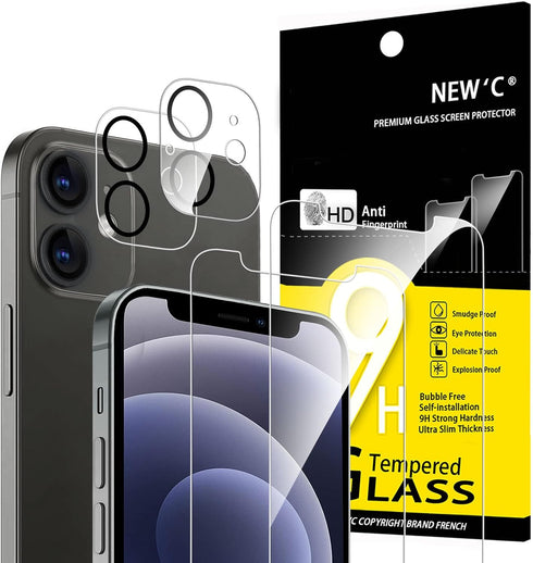 NEW'C 4 Pack, 2 Pack Screen Protector for iPhone 12 Mini + 2 Pack Camera Lens Protector, Sensor Protection,Case Friendly Tempered Glass Film...