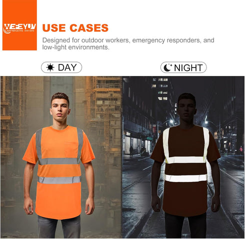 High Visibility Shirts Quick Dry Safety T Shirts with 4 Reflective Strips and Pocket Short Sleeve Mesh Hi Vis Construction Work Class 2 Shirt for ...