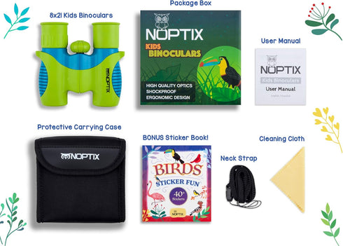 Binoculars for Kids, Girls or Boys Real Kids Binoculars in Vibrant Green Blue - Includes Sticker Book with 40 Bird Species - Small Toys for Toddle...