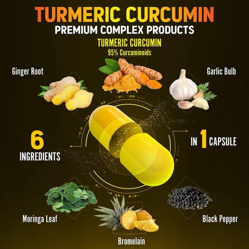 6 in 1 Turmeric Curcumin + Ginger Capsules, 95% Curcuminoids, Equivalent to 13050mg, with Ginger, Garlic Bulb, Bromelain, Moringa, Black Pepper, J...