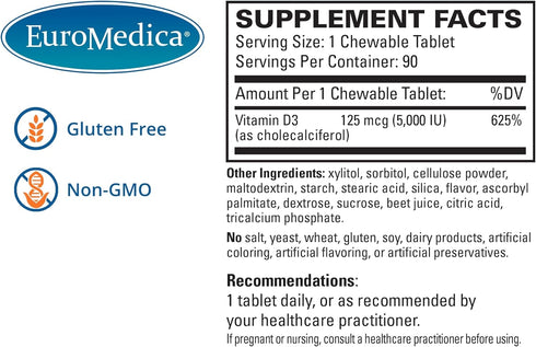 Euromedica Vitamin D3 5000 IU - 90 Chewable Tablets, Mixed Berry - Supports Overall Health, Strong Bones & Teeth + Immune System Function - 90 Ser...