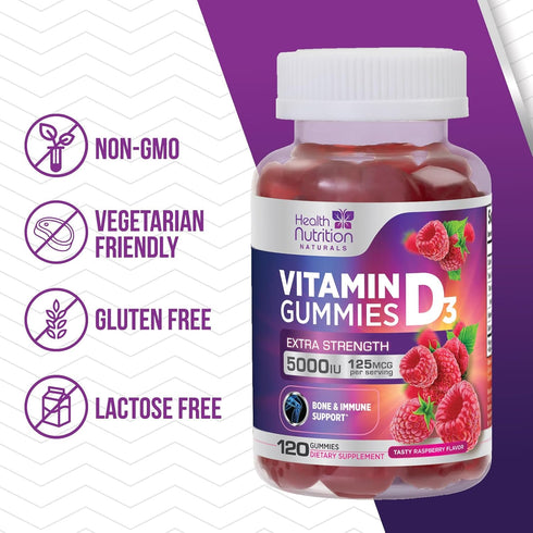 Vitamin D3 Gummies Extra Strength 5000 IU (125 mcg) - Bone, Teeth, Muscle & Immune Support Vitamin D Gummy Dietary Supplement, Nature's Berry Vita...