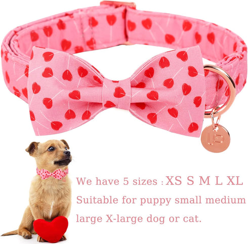 Valentine’s Day Dog Collar with Bow Tie, Valentine Bowtie Collar Puppy Girl Dog or Cat, Valentine’s Day & Wedding Gift Pet Collar, Cotton Pink Col...