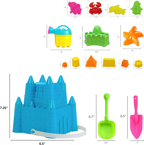 4E's Novelty Beach Toys for Kids with Bag (17 Pcs Set) Castle Beach Bucket with Shovels & Molds - Beach Toys for Kids 3-10, Sand Toys for Toddlers...