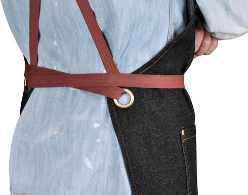 Professional Black Denim Apron with Pockets for Cooking Chef Kitchen Grill BBQ Hairstylist Painting, Mens Womens Apron with Leather Cross Back Str...