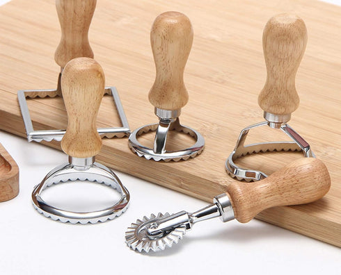 Ravioli Stamp Set (Set of 5), Ravioli Maker Cutter with Wooden Handle–for Ravioli, Pasta, Dumplings Lasagna, Pierogi, Leading Dough Cutter and Pre...