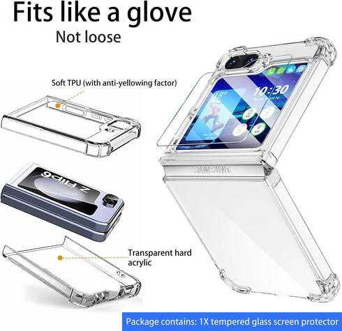 for Samsung Galaxy Z Flip 6 Clear Case with Tempered Glass Screen Protector - Slim Fit, Anti-Yellowing, Shockproof Cover, Hard Transparent Case fo...