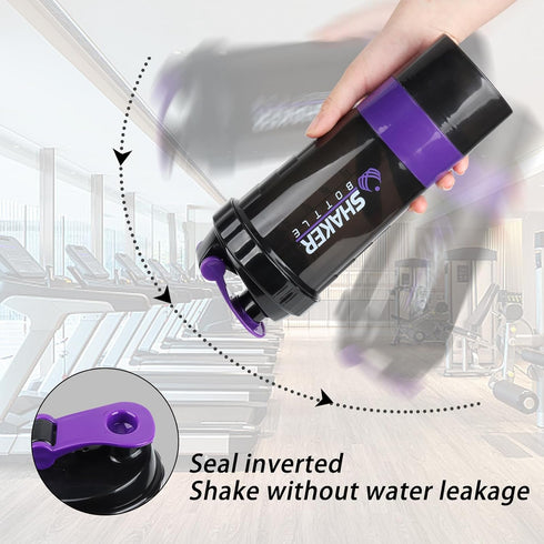 Shaker Bottle - Protein Shaker Cup with Storage Compartments - Leak-proof Workout Shake Bottles with Mixer for Smooth Mixing-500ML/16oz (PURPLE & ...
