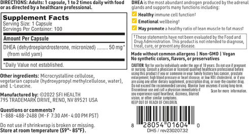 Klaire Labs SFI Health DHEA 50mg - Dehydroepiandrosterone Derived from Wild Yam - Micronized for Superior Absorption - Soy-Free, Hypoallergenic Su...