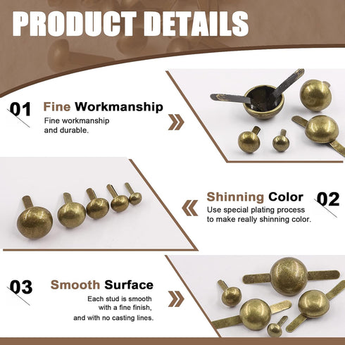 Wokape Paper Fasteners Brads Round Fasteners (Bronze) - 500Pcs 5 Sizes Mushroom Head Round Paper Fasteners Metal Brads Decorative Brads...