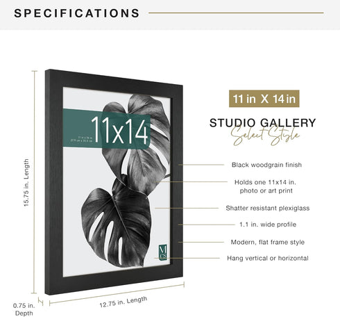MCS Studio Gallery 11x14 Picture Frame Black Woodgrain, Rectangle Photo Frame for Photos, Posters & Art Prints (1-Pack)...