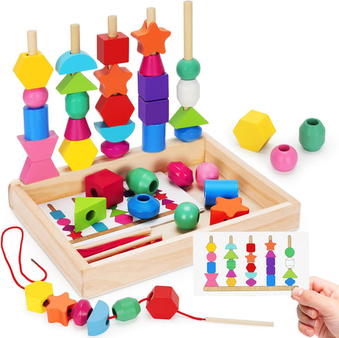 Montessori Wooden Lacing Beads Toys for 2 3 4 Year Old Toddler Kids, Sequencing & Stacking Block Toy with Storage Box, STEM Preschool Learning Toy...
