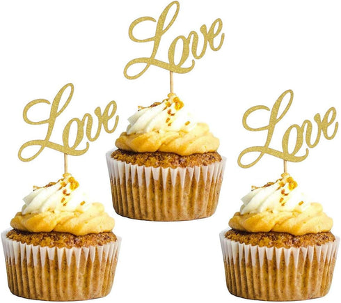 Hongkai 24PCS Gold Glitter Love Cake Topper Cupcake Picks For Wedding Bridal Shower Engagement Bachelorette Bride to be Anniversaries Just married...