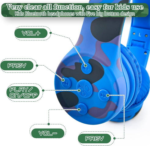 Toddler Headphones Wireless,Kids camo Bluetooth Headphones, 15 Hours Play time, 93db Foldable with Built-in Mic for Cell Phones TV Tablet Network ...
