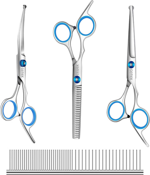 GEMEK Professional Grooming Scissors for Dogs with Safety Round Tips, Dog Grooming Scissors Set - Thinning, Straight, Curved Shears and Comb for L...