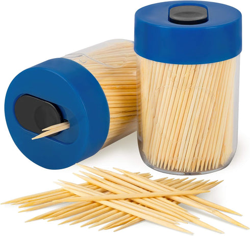 Urbanstrive Sturdy Safe Toothpick Holder with 800 Natural Wood Toothpicks for Teeth Cleaning, Unique Home Design Decoration, 2 Pack, Blue...