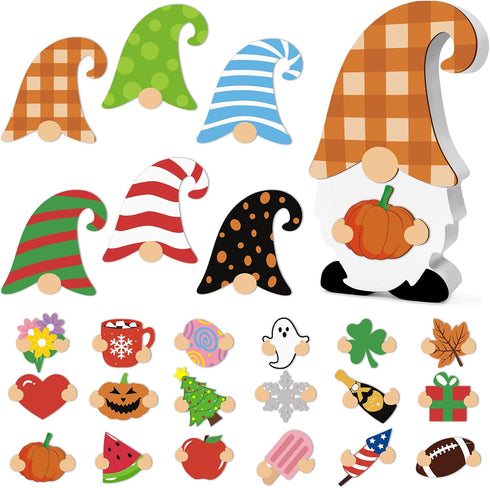 Huray Rayho Interchangeable Wooden Gnome Decor Holiday Seasonal Tiered Tray Decorative with 25 PCS Magnet Swappable Pieces Detachable Hat Office H...