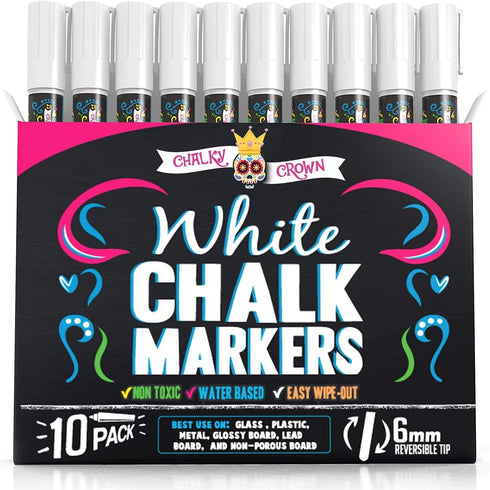 CHALKY CROWN Liquid Chalk Marker Pen - White Dry Erase Marker - Chalk Markers for Chalkboard Signs, Windows, Blackboard, Glass - 6mm Reversible Ti...