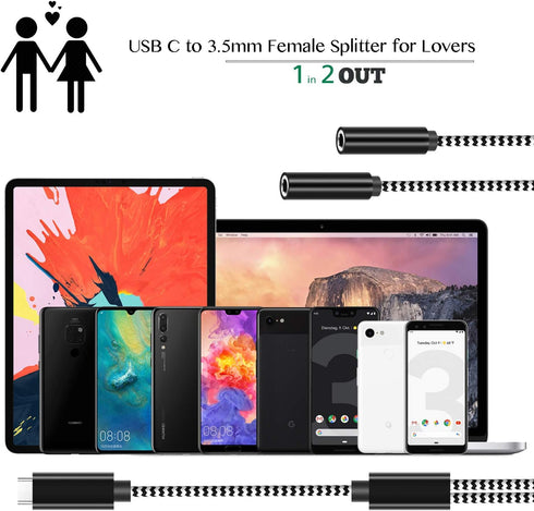 USB C to 3.5mm Audio Adapter, 2 in 1 Nylon Type USB-C to 3.5mm Auxiliary Splitter Connector and Extension Female Headphone Cable Compatible with, ...