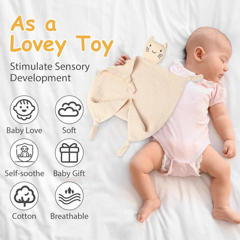 Cat Loveys for Baby Muslin Baby Security Blankets for Babies Soft Breathable Cotton Cat Baby Snuggle Animals for Newborn for Boys and Girls Neutra...