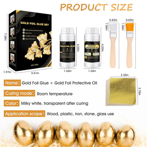 Gold Leaf Adhesive Set 200ml Gold Plating Kit Protective Varnish 100 pcs Gilding Adhesive Set Gold Leaf Sheets, 2 Brushes, Water Based Leaf Glue f...