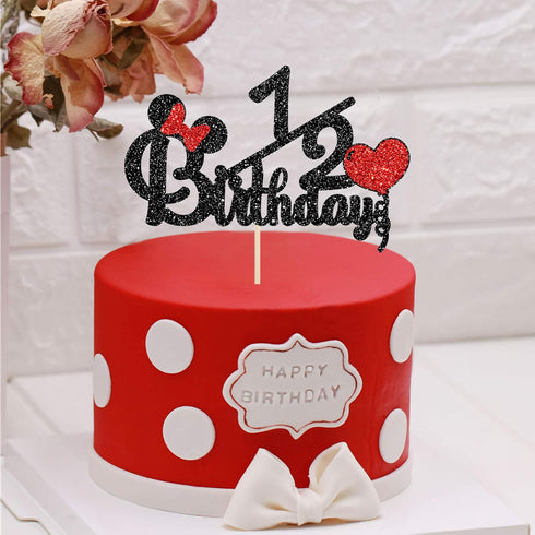 Happy 1/2 Birthday Cake Topper, Black and Red Glitter Mouse Theme Baby Shower Sign, Carton Theme Cake Decoration, 6 Months Birthday Party Supplies...