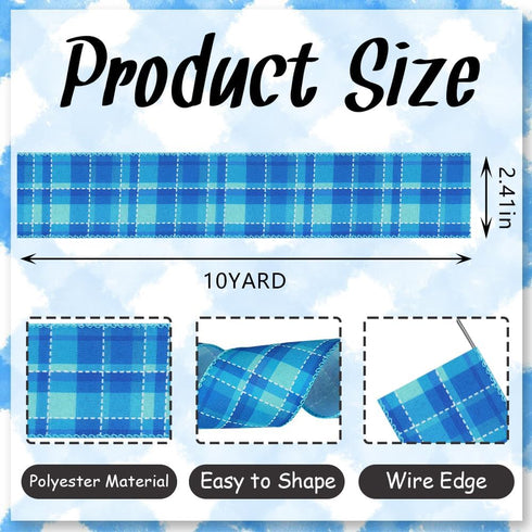 Summer Buffalo Plaids Wired Edge Ribbon for DIY Craft Wreath Bow Making 2.5''X10Yds Blue Gingham Checkered Fabric Ribbon for Summer Birthday Gift ...