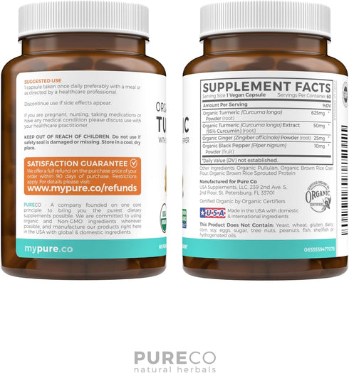 USDA Organic Turmeric Curcumin with Black Pepper and Ginger (2 Month Supply) Joint Support Supplement with Tumeric and Ginger Root Powder - Organi...